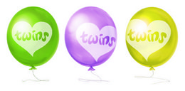 Colorful balloons with the word "Twin" printed on them. The balloons come in green, purple, and yellow colors.