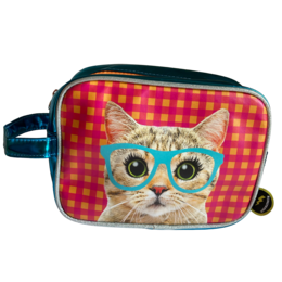 Cat with turquoise glasses, pink gingham pattern, cute animal design, kids toiletry bag.