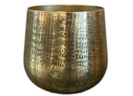 Hammered gold-toned ceramic plant pot with a textured surface and a cylindrical shape.