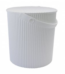 Cylindrical ribbed storage basket with handles, available in multiple colors, modern minimalist design.