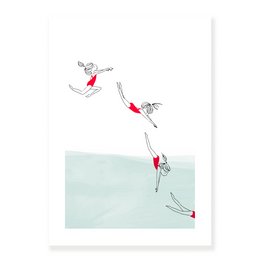 Print Dykning - Trin af en ung pige dykker badedragt fine linjer