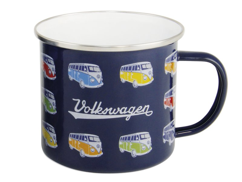 Volkswagen VW T1 Bus Emaille-Tasse, 500 ml, in Geschenkbox – Bus Parade/Blau