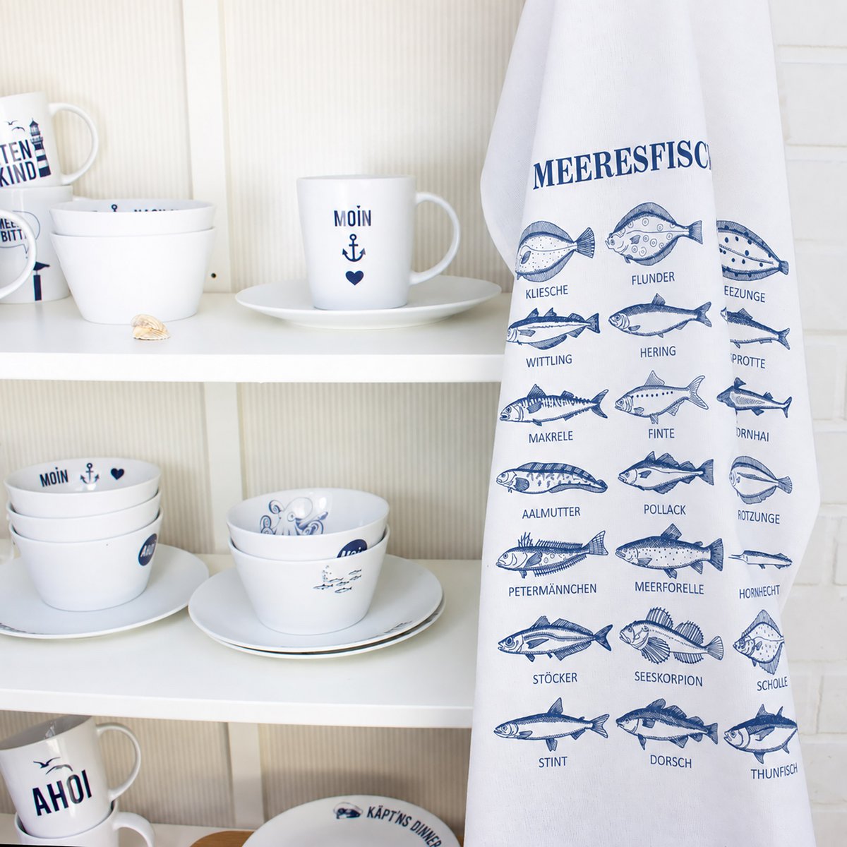 Cotton tea towel "Sea Fish" maritime - blue and white