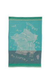 Turquoise tea towel with France map design, travel themed kitchen textile, vintage style French souvenir print.