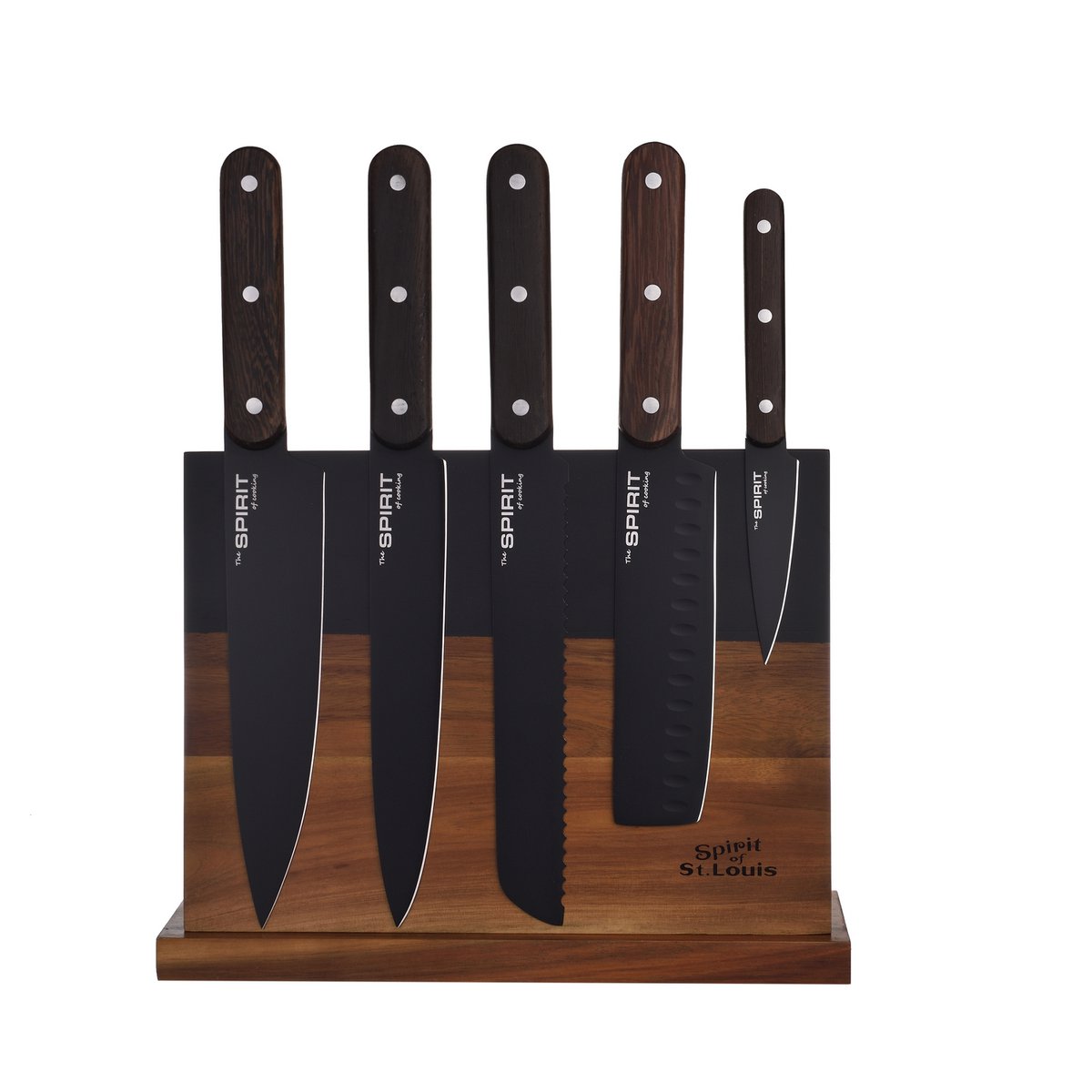 SOSL Bloc de 5 couteaux de cuisines, Set Acier Inoxydable, Titane, avec Bloc en Bois d'Acacia, Couteaux de Chef, Pain,Viande, Poisson, Lame Noire