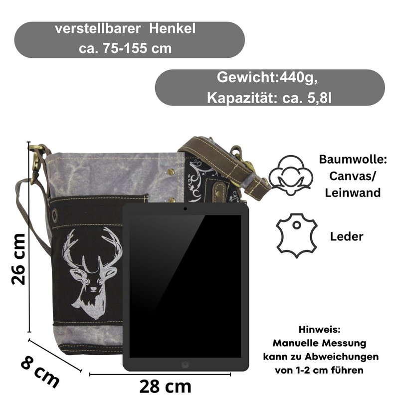 Traditionele tas van Domelo. Dames schoudertas. Dirndl schoudertas gemaakt van canvas en leer. Handtas in traditionele stijl met hertenedelweissprint. Crossbodytas voor dames als Oktoberfest-accessoire.