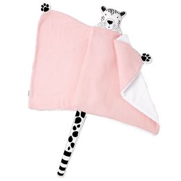 A plush, pink comforter with a patterned panther design. The comforter features a soft, fuzzy texture and a playful, whimsical appearance.