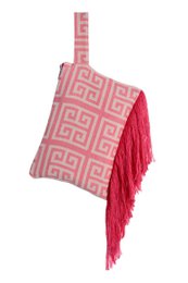 A pink clutch with a geometric pattern and fringe detailing. The clutch has a structured shape and is suitable for casual or formal occasions.