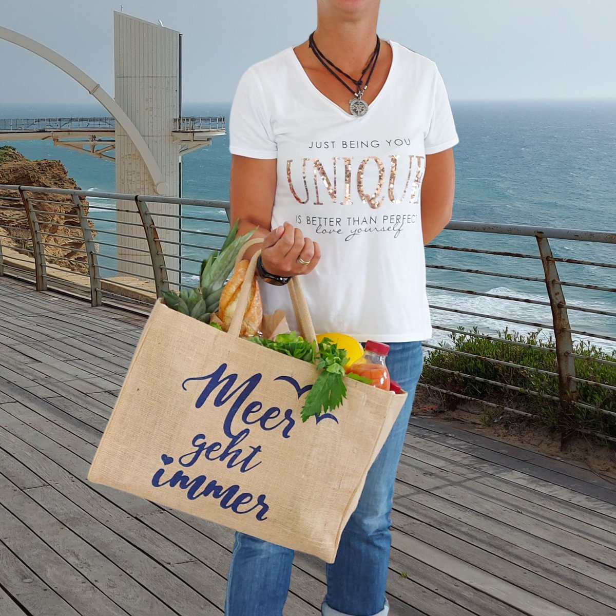 Domelo Jutetasche Einkaufstasche. Jute Shopper Tasche. Große wasserabweisende Einkaufskorb/ Strandtasche . Badetasche XXL/ Shopping bag Geschenke für Frauen.