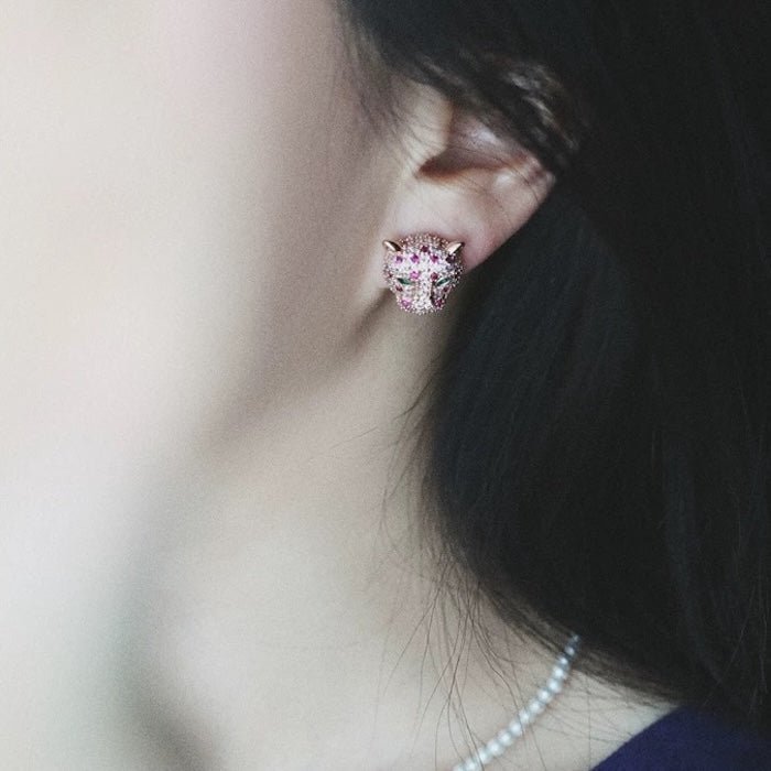 Regal Jeweled Leopard Head Stud Earrings