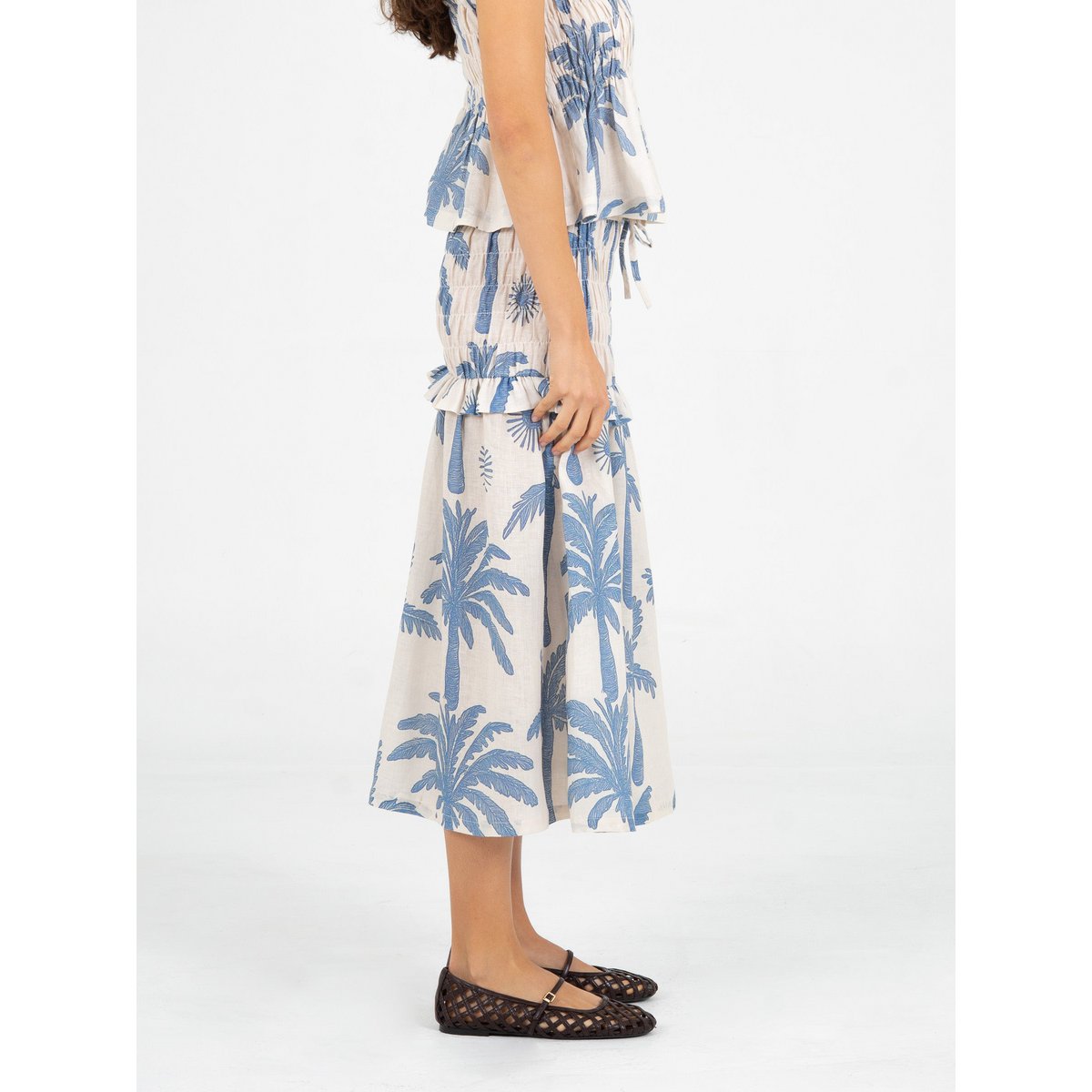 Gonna midi in lino smock con stampa palme di Elios