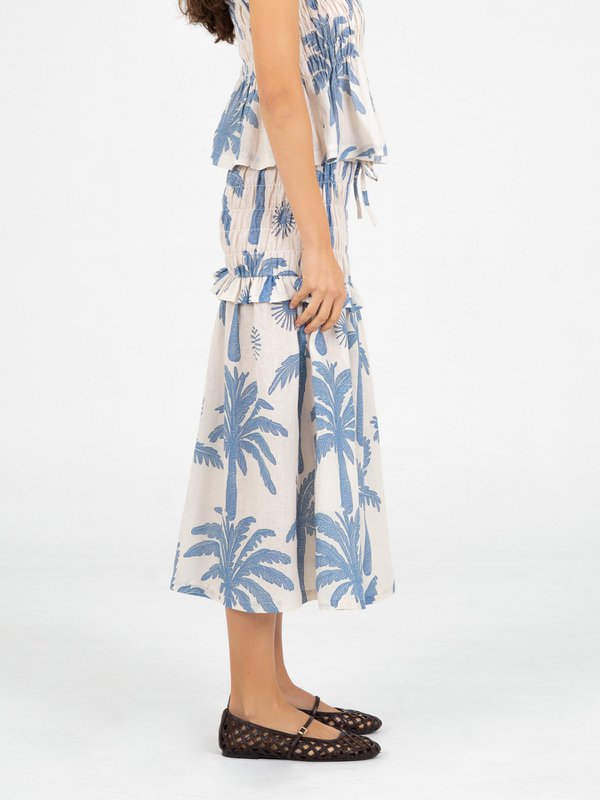 Gonna midi in lino smock con stampa palme di Elios