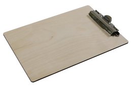 A wooden clipboard with a metal clip, suitable for office use.