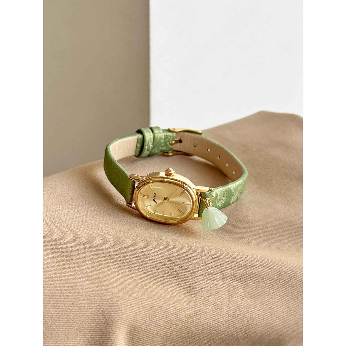 Pesto - Vintage groen leren dameshorloge