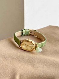 Pesto - Vintage groen leren dameshorloge