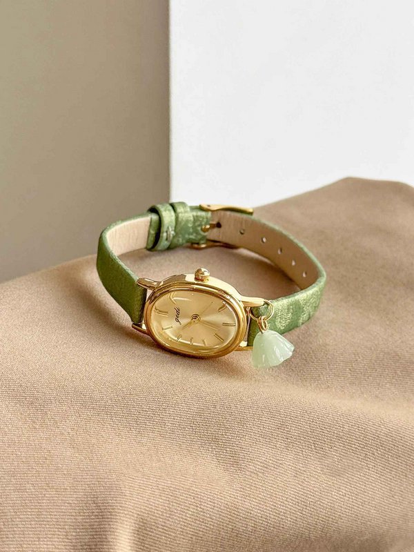Pesto - Vintage groen leren dameshorloge