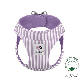 A soft, comfortable pet harness in a lilac and white striped pattern. Made of 100% cotton, suitable for small dogs and cats. Adjustable size options from 2XS to M.