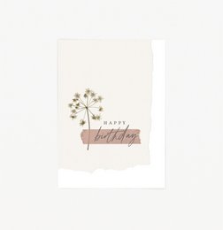 Postcard with floral design and the text "Happy Birthday" in a cursive font. The postcard features a simple, minimalist design with a neutral color palette.