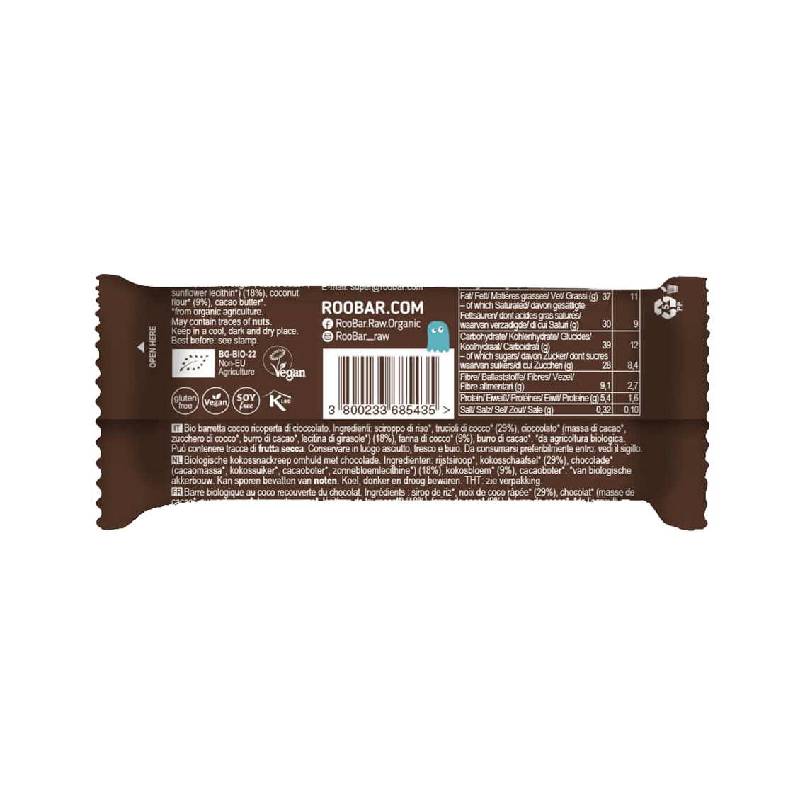 Chocolate Covered Coconut Bar, organic, Roobar, 30g