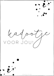 A greeting card with the text "Hartelijk voor jou!" (Heartfelt for you!) in a handwritten style font. The card has a simple black and white design with scattered black dots or splatters around the text.
