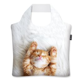 White shopping bag with orange ginger kitten cat face print, foldable tote bag