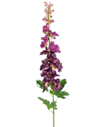 Tall purple artificial delphinium flower with green leaves, 79 cm in length.