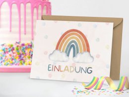 Biglietto d'invito arcobaleno per compleanno bambina o invito per battesimo, comunione, cresima o consacrazione giovanile da compilare nella busta