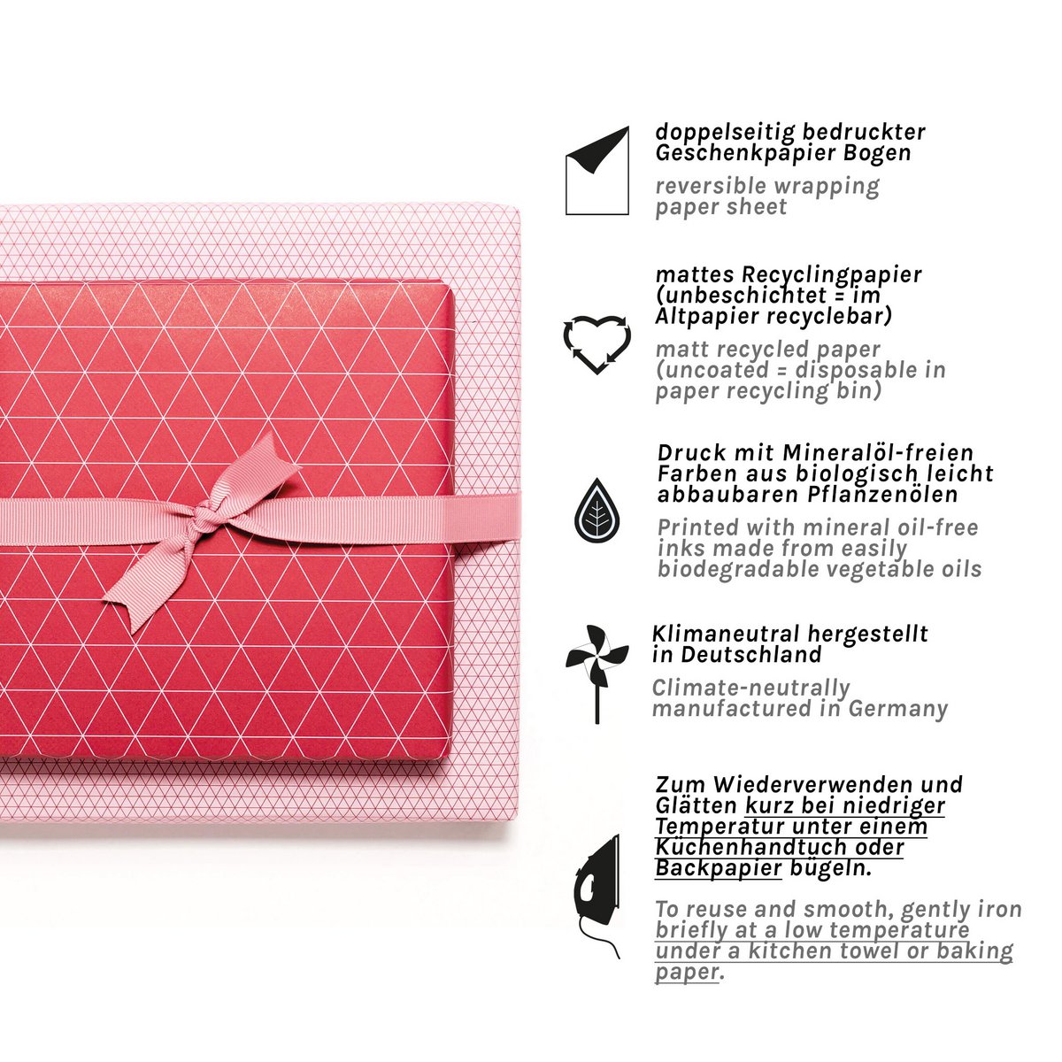 Red inpakpapier Triangles - Grafisch inpakpapier roze rood, perfect voor geschenken voor Moederdag, als een verpakking voor Valentijnsdaggeschenken of neutraal inpakpapier voor vrouwen.