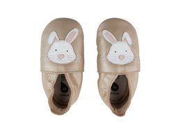 Soft, comfortable baby shoes with a cute rabbit design in gold. Available in sizes L, M, and S.