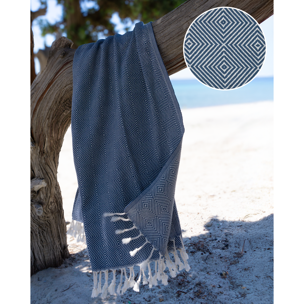 Serviette de Plage Hammam en Coton CRYSTAL - Séchage Rapide - Bleu - 180x100 cm