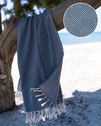 Serviette de Plage Hammam en Coton CRYSTAL - Séchage Rapide - Bleu - 180x100 cm