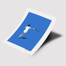 A poster depicting a tennis player in action on a blue background. The poster features a minimalist, stylized illustration of a tennis player swinging a racket.