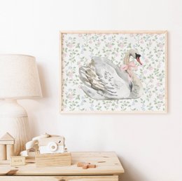 Swan avec affiche de rose rose, affiche de cygne vintage, imprimé rose, affiche de bows de filles, affiche de chambre de filles roses, affiche de crèche pour filles
