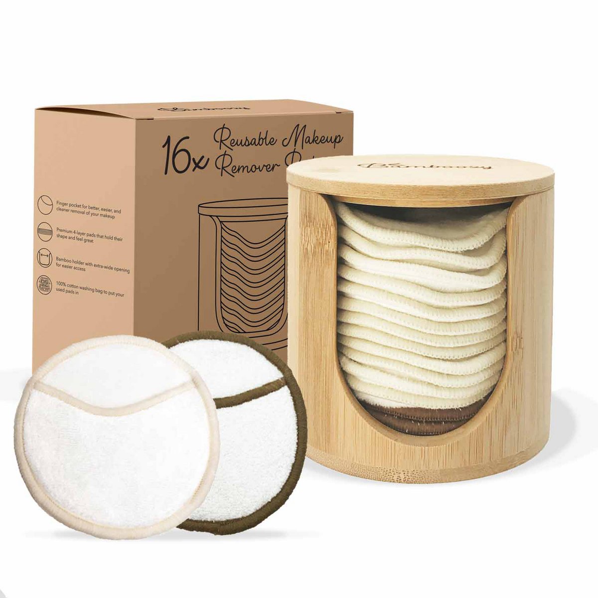 16x White Reusable Cotton Pads 4-Layers + Bamboo Holder