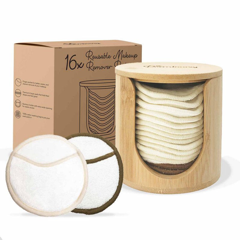 16x White Reusable Cotton Pads 4-Layers + Bamboo Holder