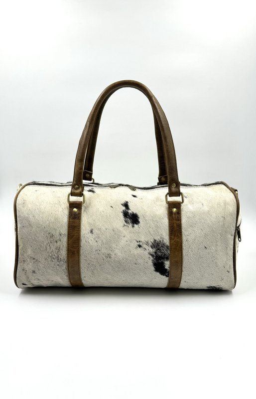 Borsa da viaggio in pelle e pelliccia naturale fatta a mano – Borsone artigianale "Elite" da 42 cm e borsa da fine settimana unisex unica
