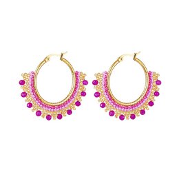 Violet | Bali Hoops with beads - Hoop earrings featuring a gold-tone hoop design with vibrant pink and purple beaded accents.