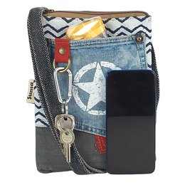 Sunsa women's small sustainable shoulder bag. Vegan shoulder bag made from recycled jeans & canvas. Handbag vintage retro style. Crossbody bag for women.