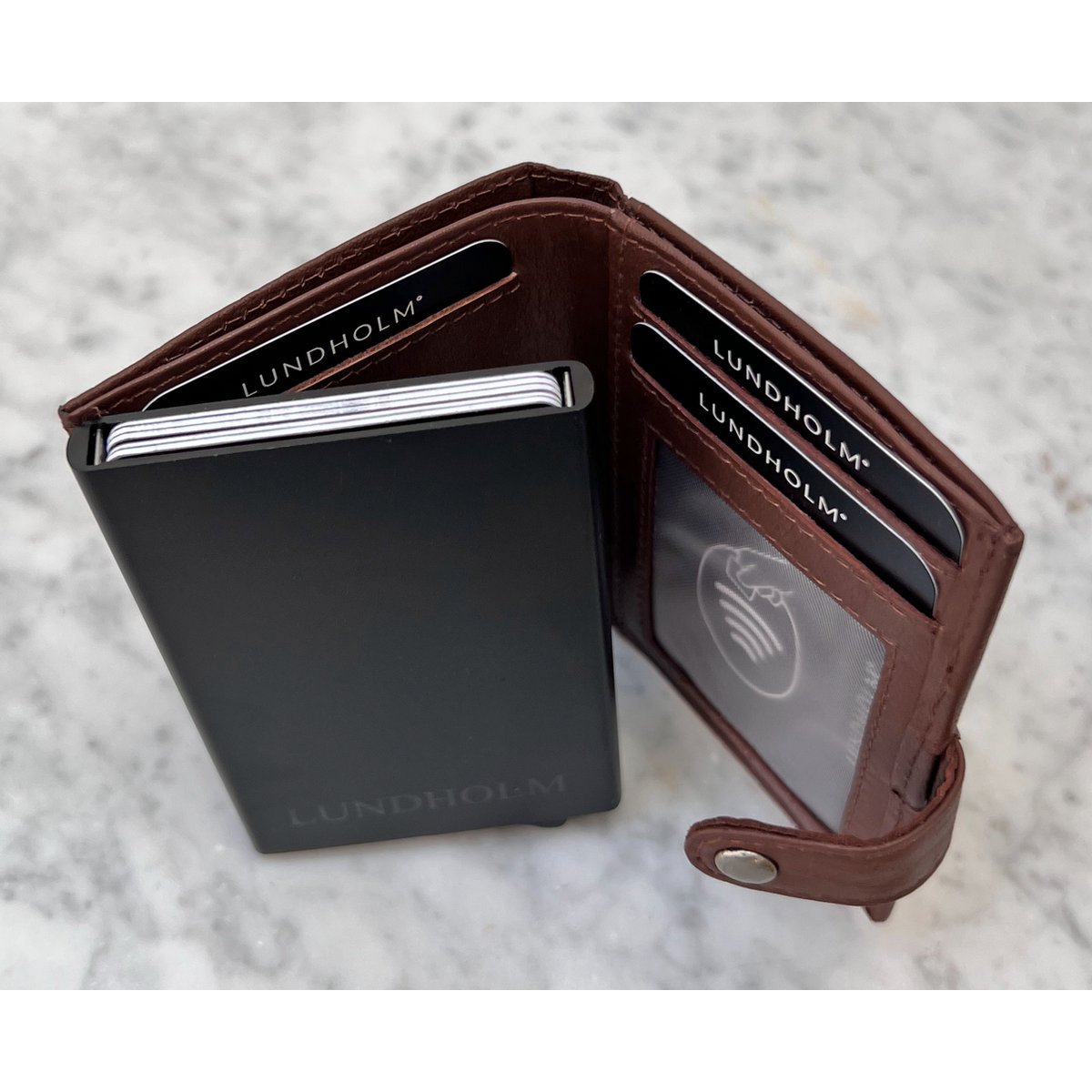 Tarjetero de piel + organizador de llaves marrón — set de regalo para hombre — Lundholm Örebro Safety Wallet