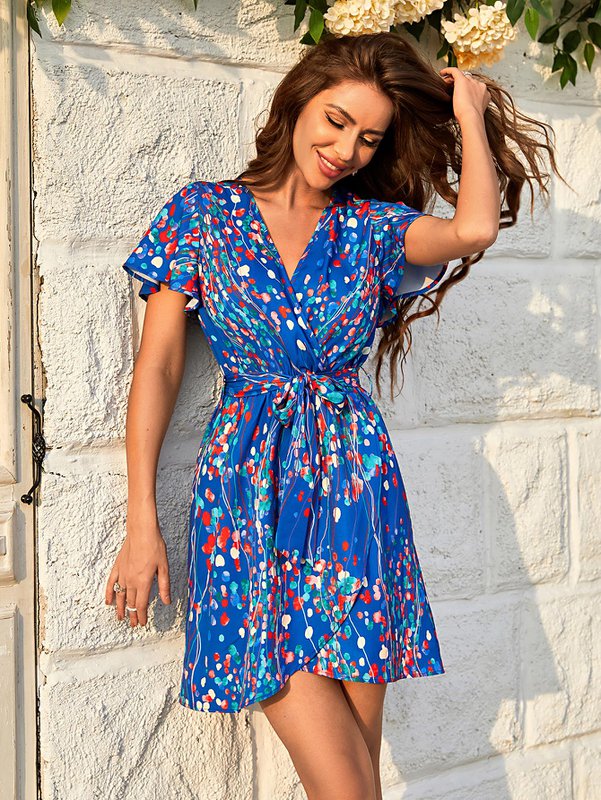 Abstrakt blomsterprint Angel Sleeve Wrap Top Mini Dress in Blue