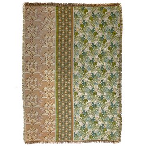 NIN-NIT | Nouveau Naturel Blanket | plaid | geweven deken | sprei | 100% geweven katoen | Bloemen, bladeren en natuurprint | beige | wit | zand | groen | blauw | multicolor | 220x160 cm
