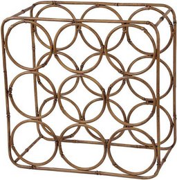 A bamboo-look wine rack with a geometric circular pattern, suitable for storing up to 9 bottles.