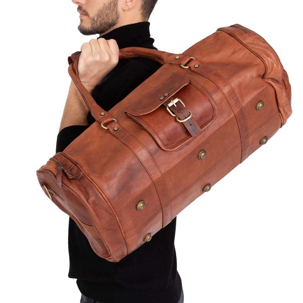 Handmade Moroccan Leather Travel Bag – Artisan 22" (55cm) "Traditionalist" Duffle with Dual Side Pockets