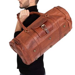 Handmade Moroccan Leather Travel Bag – Artisan 22" (55cm) "Traditionalist" Duffle with Dual Side Pockets