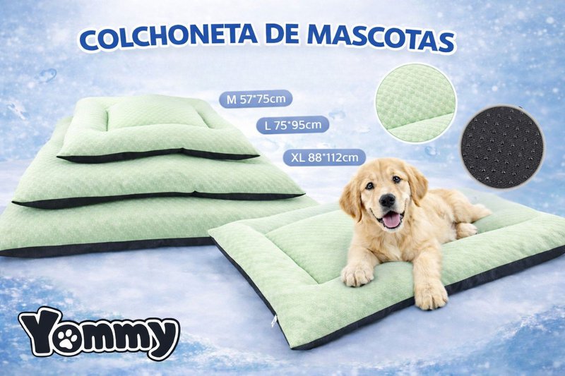 Yommy kølemåtte til kæledyr: Åndbart issilketæppe, blødt og skridsikkert. Fås i 3 farver (grøn, grå, blå) og størrelser M/L/XL. Ideel til hunde og katte, vaskbar og det bedste valg til sommeren. Kopi