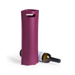 Burgundy non-woven wine bag with heat-sealed finish and reinforced die-cut handle, suitable for 75 cl wine bottles.