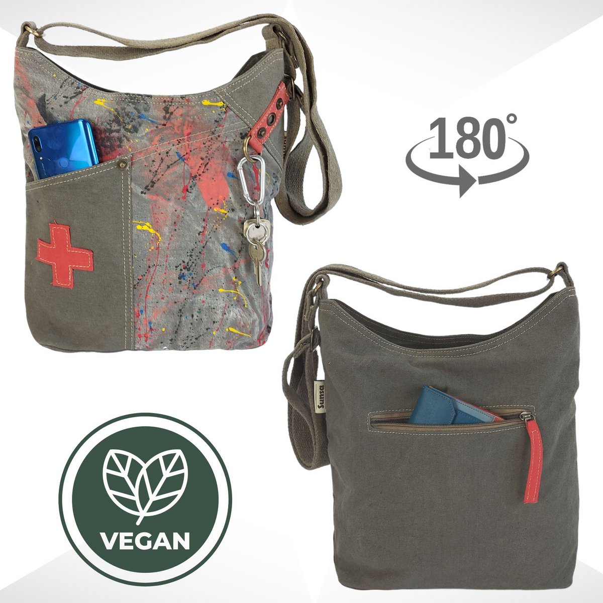 Sunsa schoudertas voor dames. Canvas hobo tas. Grote crossbody tas in vintage stijl. Elke vegan schoudertas is uniek.