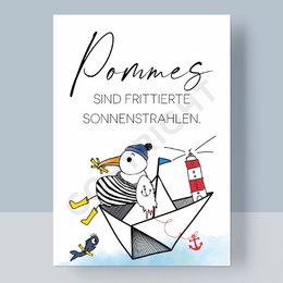 Postcard with text "Pommes sind frittierte Sonnenstrahlen" (Fries are fried rays of sun) and illustrated characters in a paper boat.