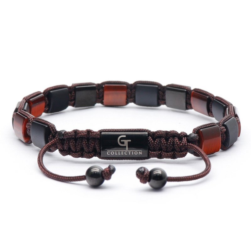 Roter Tigerauge für Männer, schwarzes Onyx Flat Perlenarmband