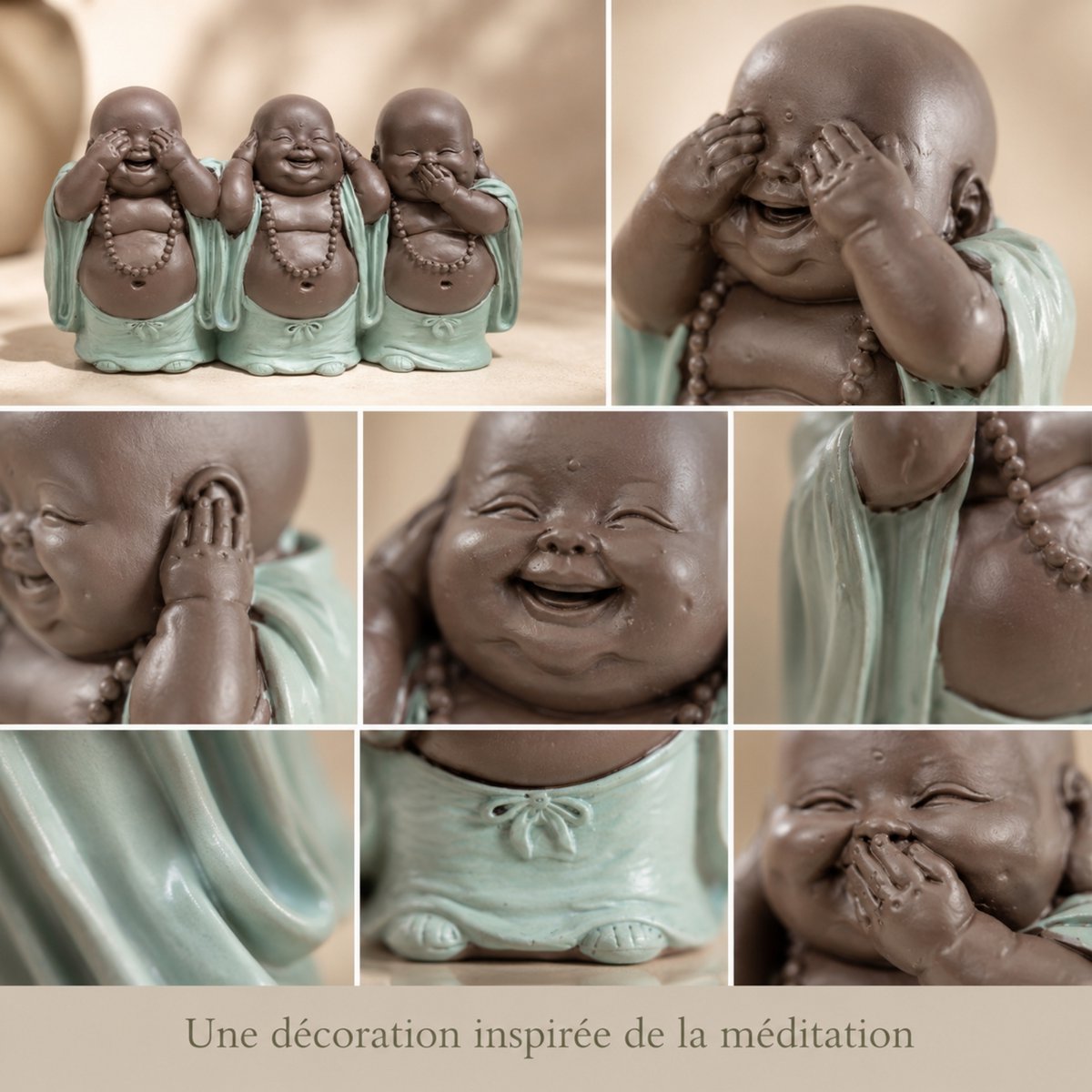 Estatua 3 Budas que Ríen - Decoración Zen y Feng Shui - Para crear un ambiente relajante y espiritual - Idea de regalo de la suerte